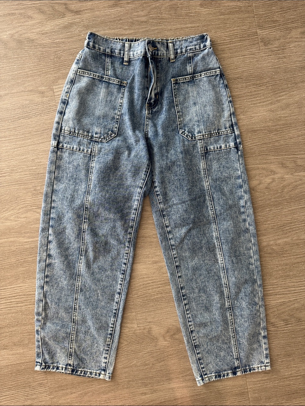 High-Waist Acid Wash Utility Jeans - Blue
